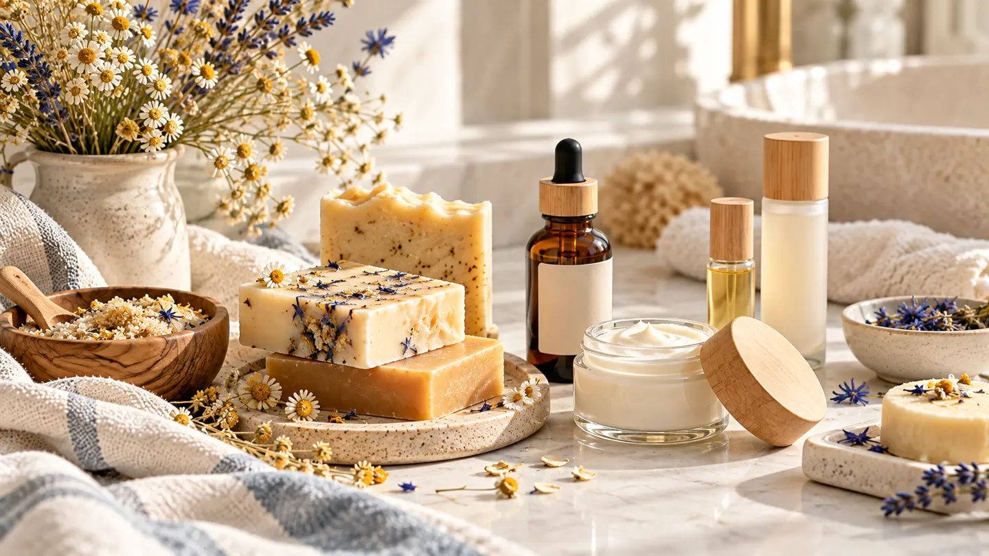 Colección de jabones y productos de cosmética artesanal en una mesa luminosa