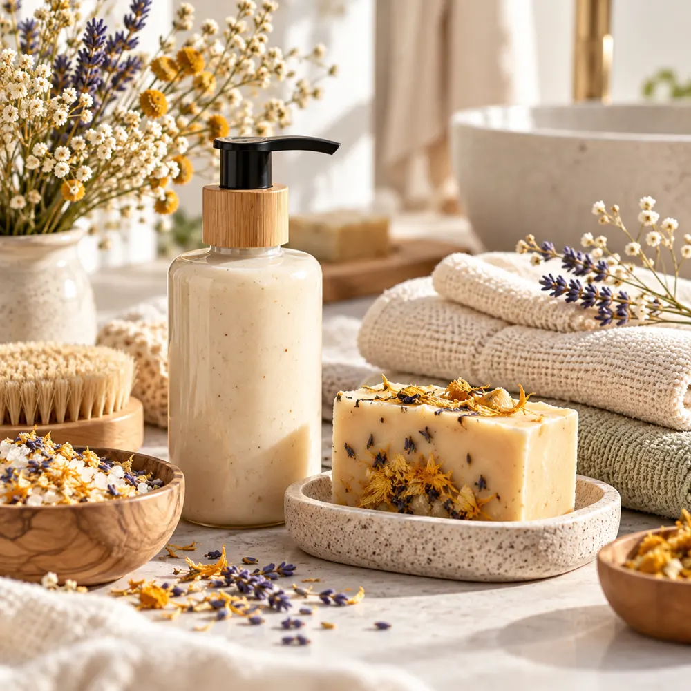 Jabón artesanal y productos de cuidado junto a flores